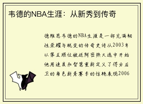 韦德的NBA生涯：从新秀到传奇