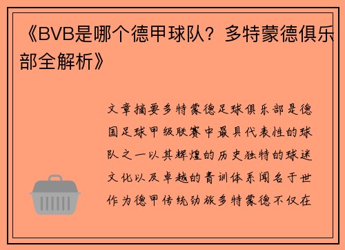 《BVB是哪个德甲球队？多特蒙德俱乐部全解析》