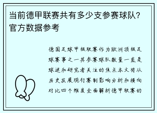 当前德甲联赛共有多少支参赛球队？官方数据参考